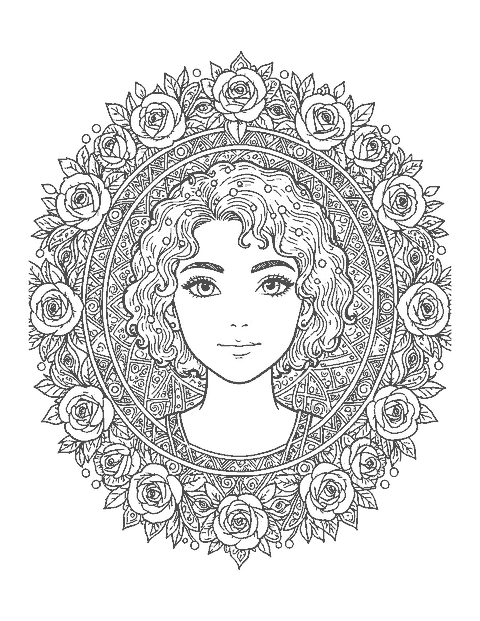 Line drawing of a princess portrait inside a round mandala border of roses and pearls