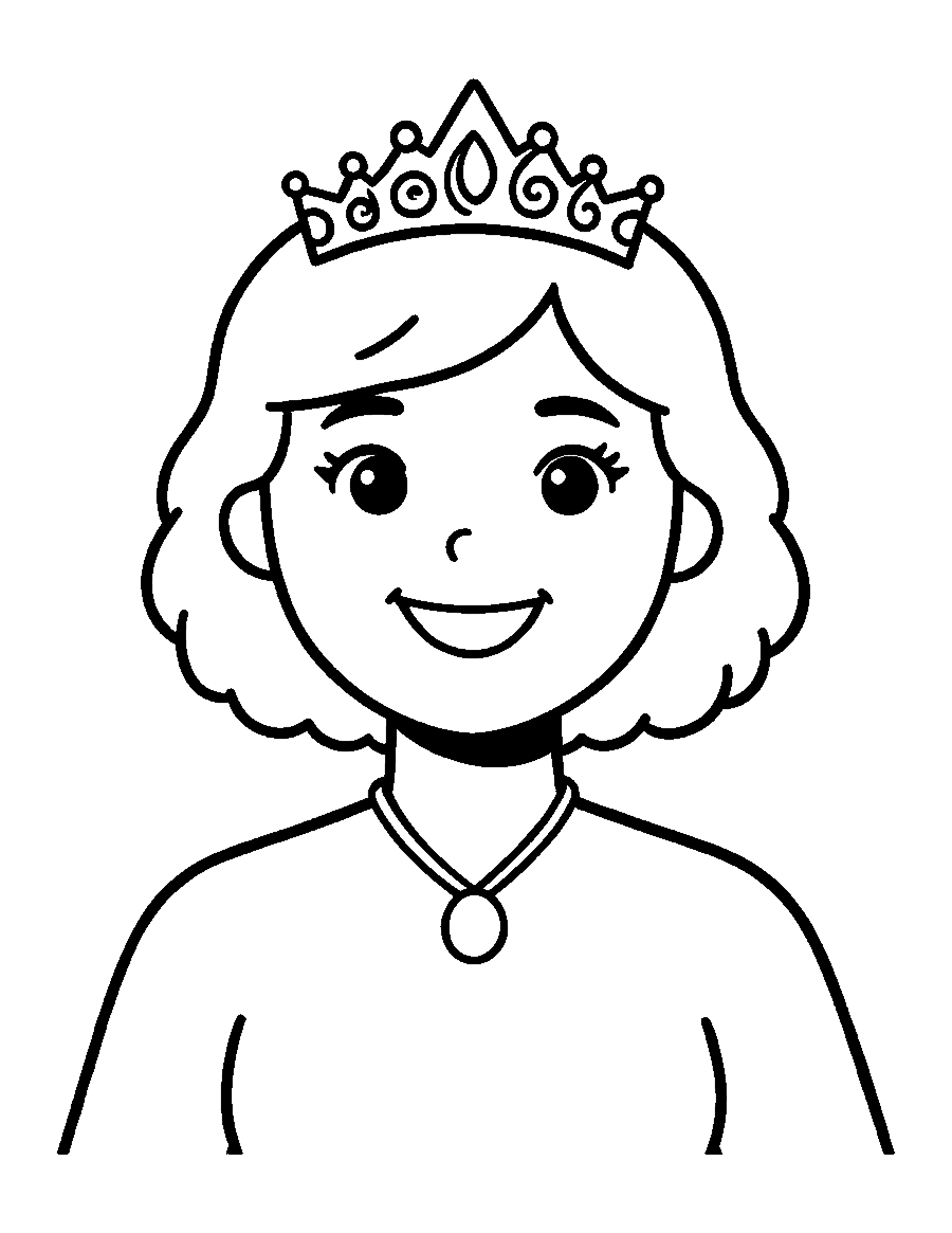 Line drawing portrait of a smiling princess with short wavy hair and a tiara