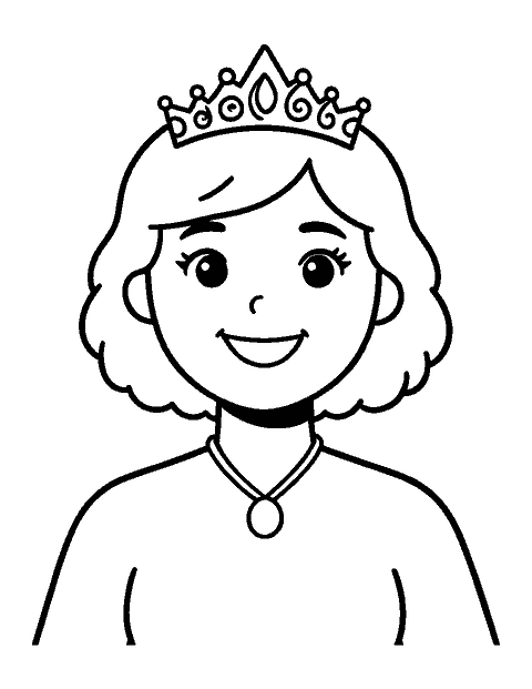 Line drawing portrait of a smiling princess with short wavy hair and a tiara