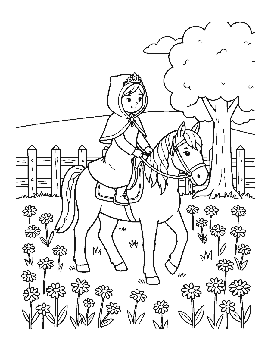 Line drawing of a princess in a cape riding a pony through a daisy meadow