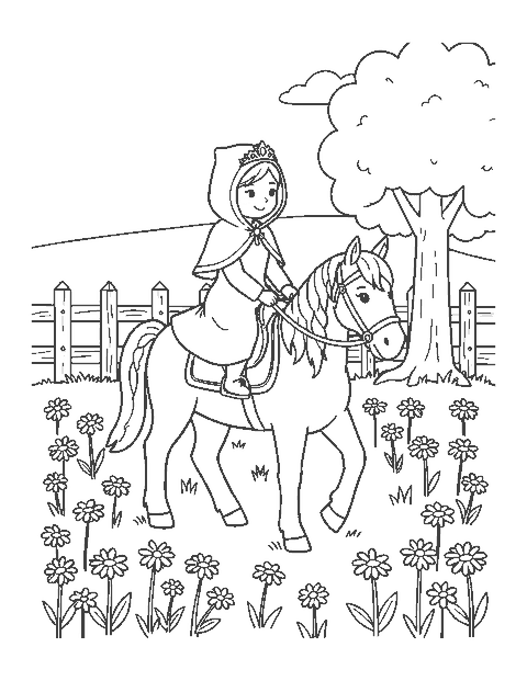 Line drawing of a princess in a cape riding a pony through a daisy meadow