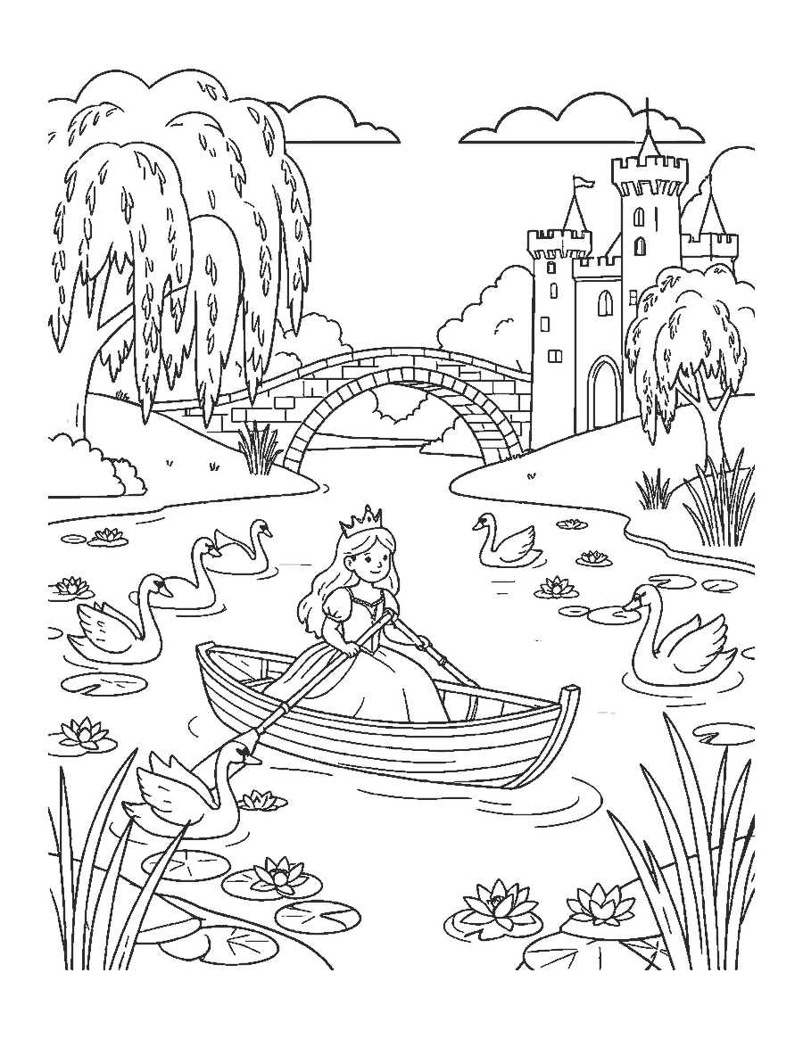 Line drawing of a princess rowing a boat on a lake with swans and a castle beyond