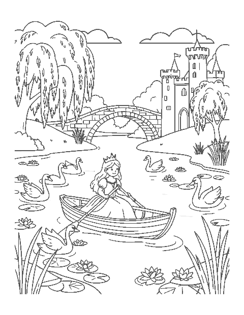 Line drawing of a princess rowing a boat on a lake with swans and a castle beyond