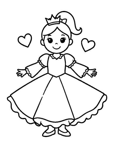Line drawing of a princess spinning in a ruffled dress with hearts beside her