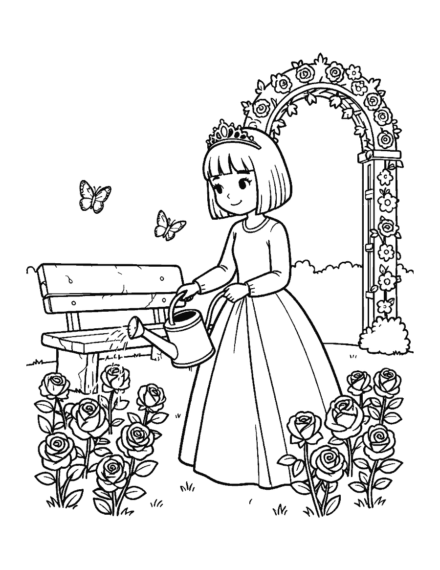 Line drawing of a princess watering rose bushes beside a stone bench and archway
