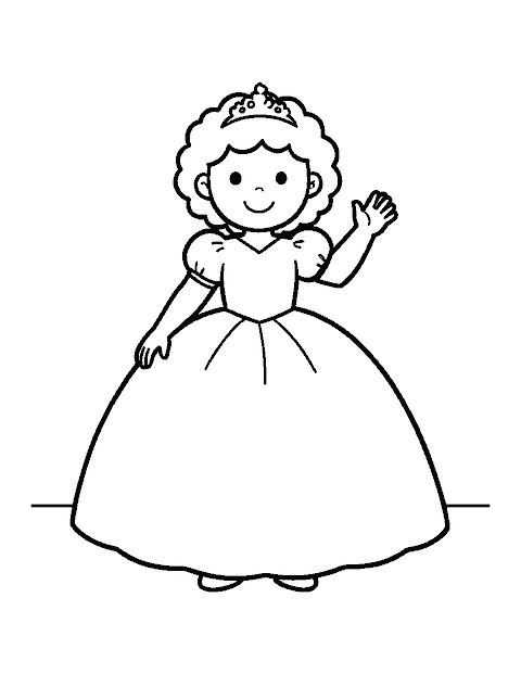 Line drawing of a smiling princess in a puffy gown and tiara waving hello