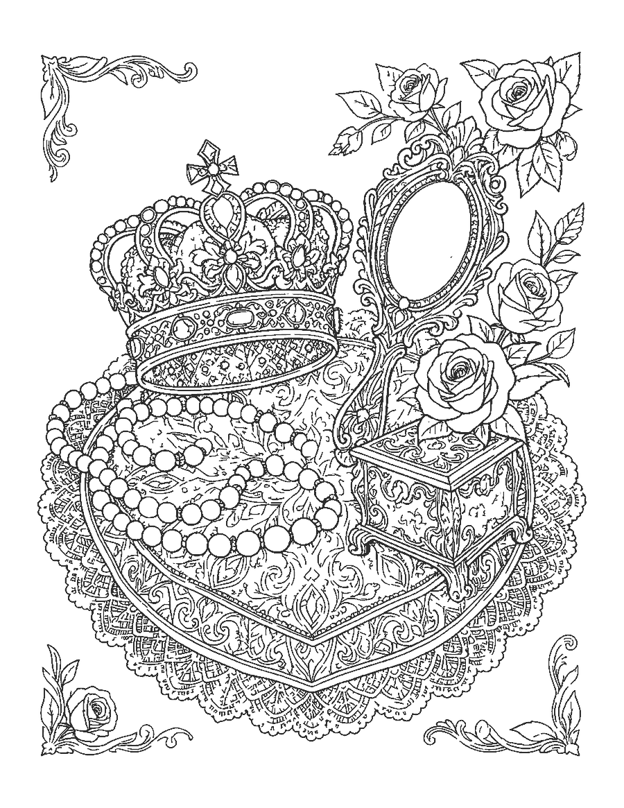 Line drawing of a jeweled crown, necklace, mirror and roses on a lace cushion