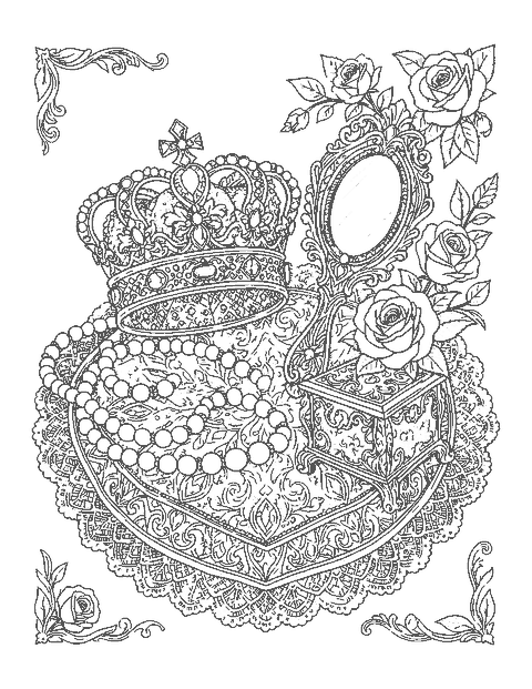 Line drawing of a jeweled crown, necklace, mirror and roses on a lace cushion