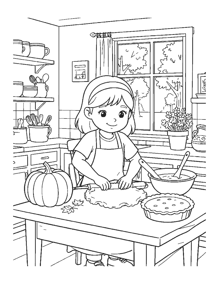 Line drawing of a girl rolling pie crust in a kitchen with a pumpkin and two pumpkin pies