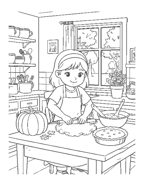 Line drawing of a girl rolling pie crust in a kitchen with a pumpkin and two pumpkin pies
