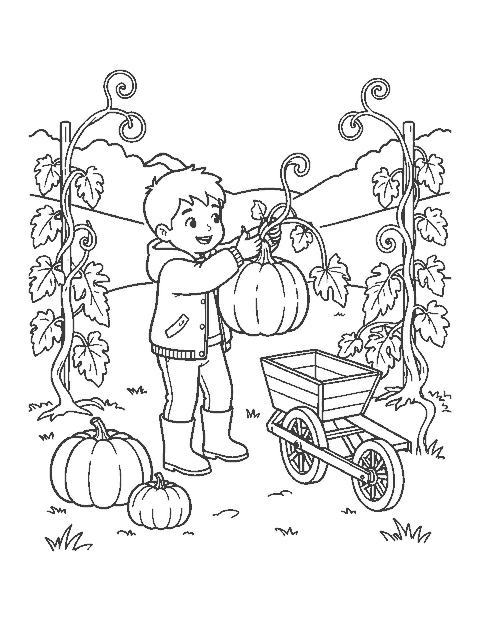 Line drawing of a child lifting a pumpkin in a patch beside a wheelbarrow
