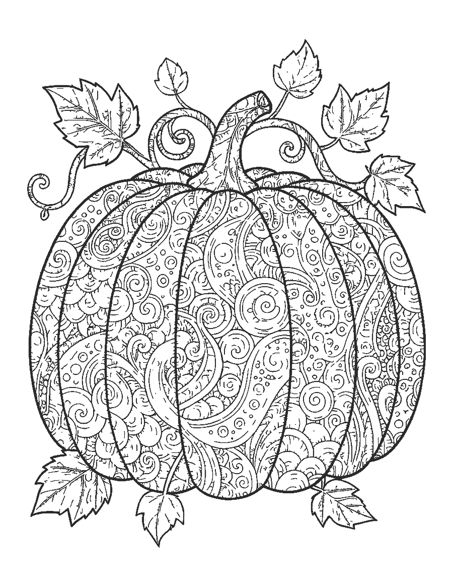 Line drawing of a large pumpkin filled with doodle patterns and lacy leaves