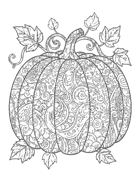 Line drawing of a large pumpkin filled with doodle patterns and lacy leaves