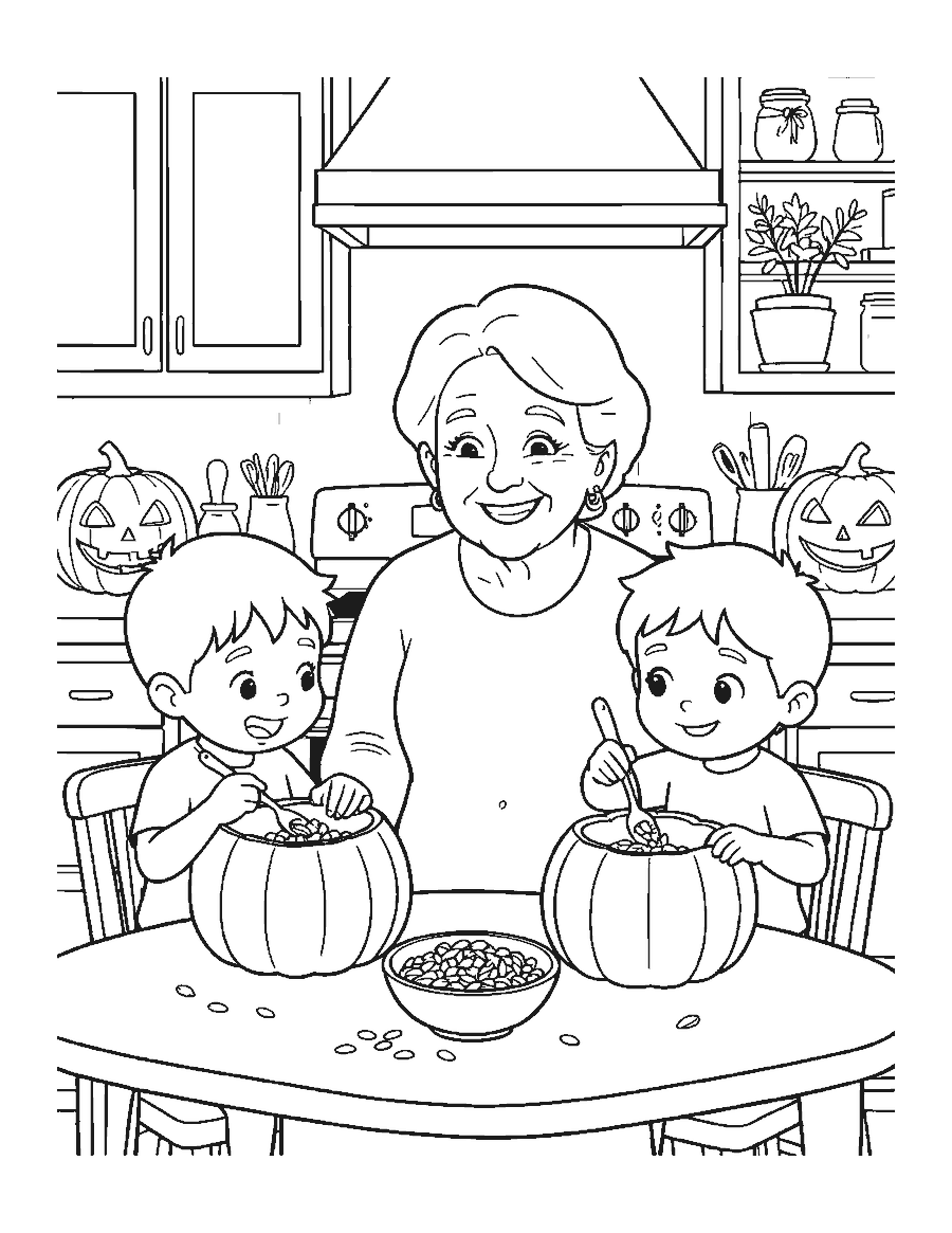 Line drawing of a family scooping seeds out of pumpkins at a kitchen table