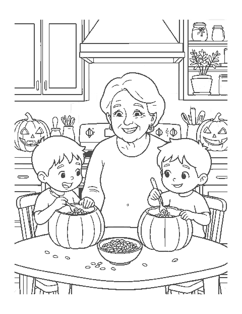 Line drawing of a family scooping seeds out of pumpkins at a kitchen table