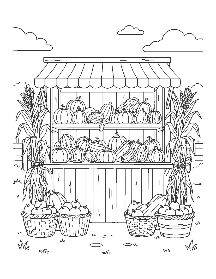 Line drawing of a farm stand piled with pumpkins, gourds, squash and apples