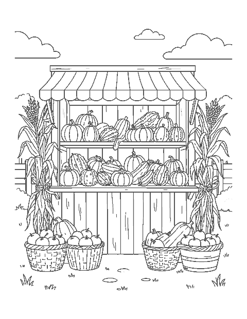 Line drawing of a farm stand piled with pumpkins, gourds, squash and apples