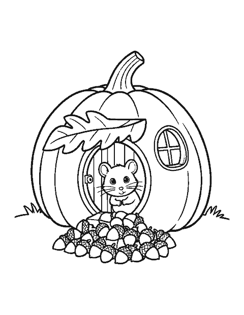 Line drawing of a mouse peeking from a little door in a pumpkin house