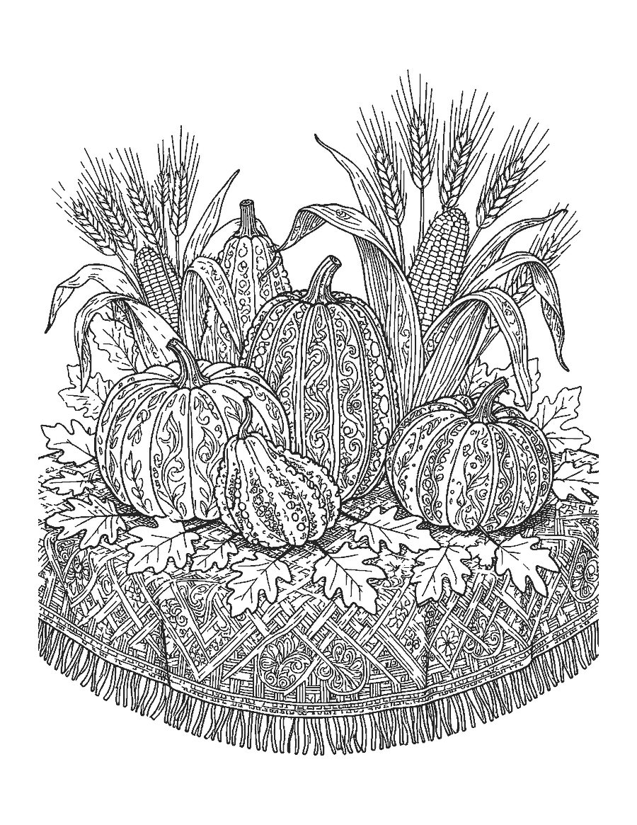 Line drawing of pumpkins, gourds, corn and wheat arranged on a woven cloth