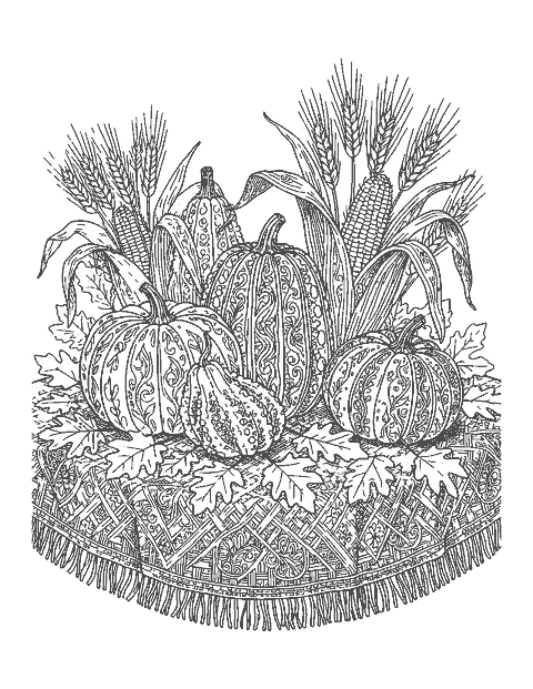 Line drawing of pumpkins, gourds, corn and wheat arranged on a woven cloth