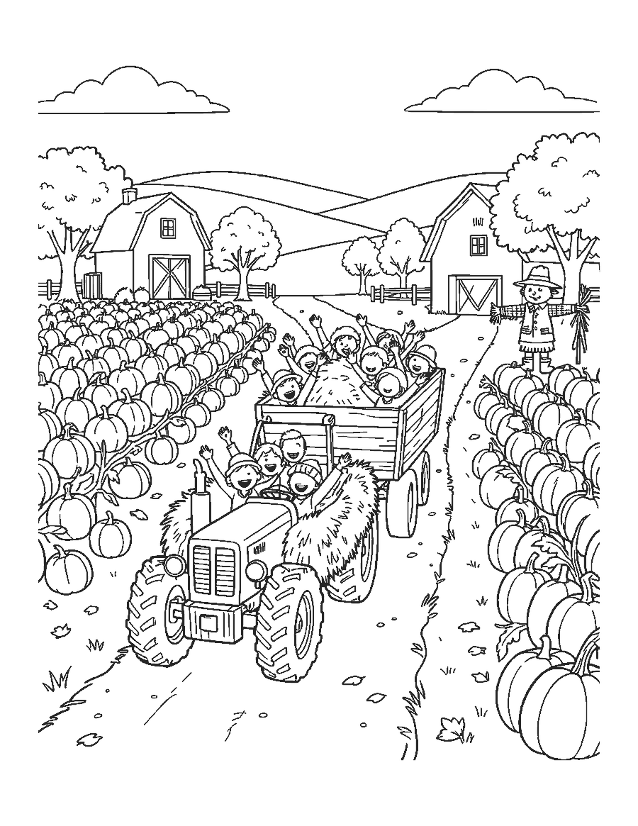 Line drawing of children on a hay wagon pulled by a tractor past pumpkin fields