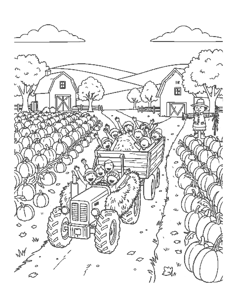Line drawing of children on a hay wagon pulled by a tractor past pumpkin fields