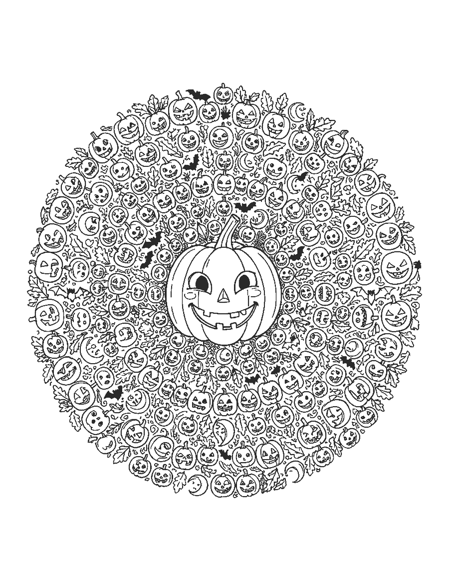Line drawing of a round mandala of tiny jack-o'-lanterns, moons and bats