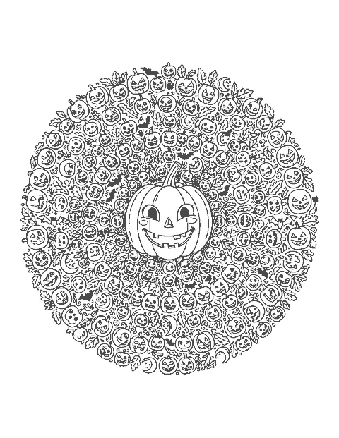 Line drawing of a round mandala of tiny jack-o'-lanterns, moons and bats