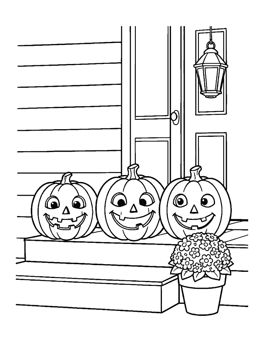 Line drawing of three friendly jack-o'-lanterns on porch steps by a front door