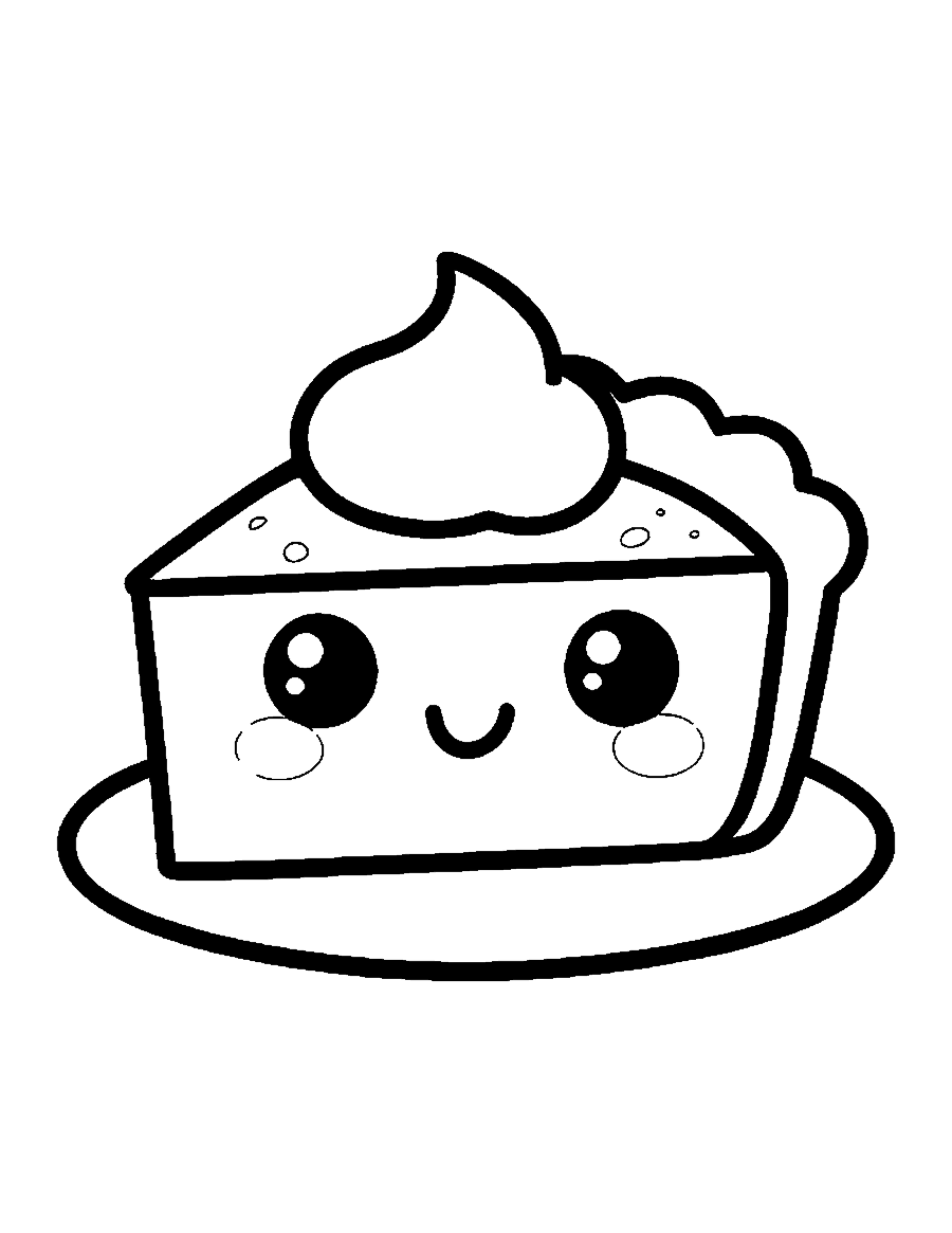 Line drawing of a cute smiling slice of pumpkin pie with whipped cream on a plate
