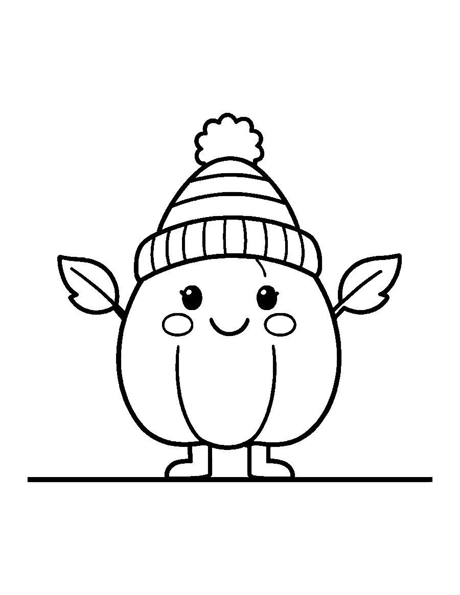 Line drawing of a smiling little pumpkin wearing a striped knit hat