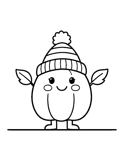 Line drawing of a smiling little pumpkin wearing a striped knit hat
