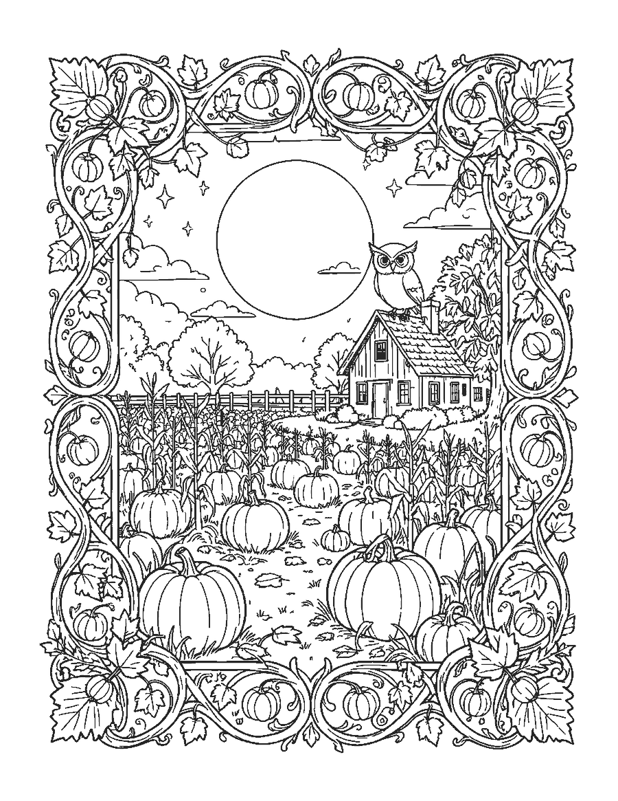 Line drawing of a moonlit pumpkin patch framed by a border of vines and pumpkins