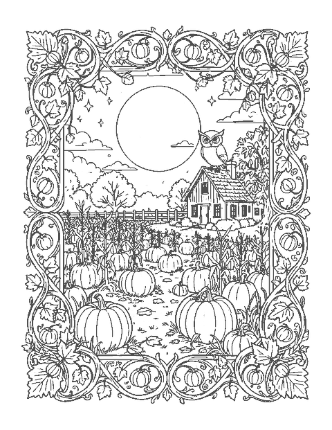 Line drawing of a moonlit pumpkin patch framed by a border of vines and pumpkins