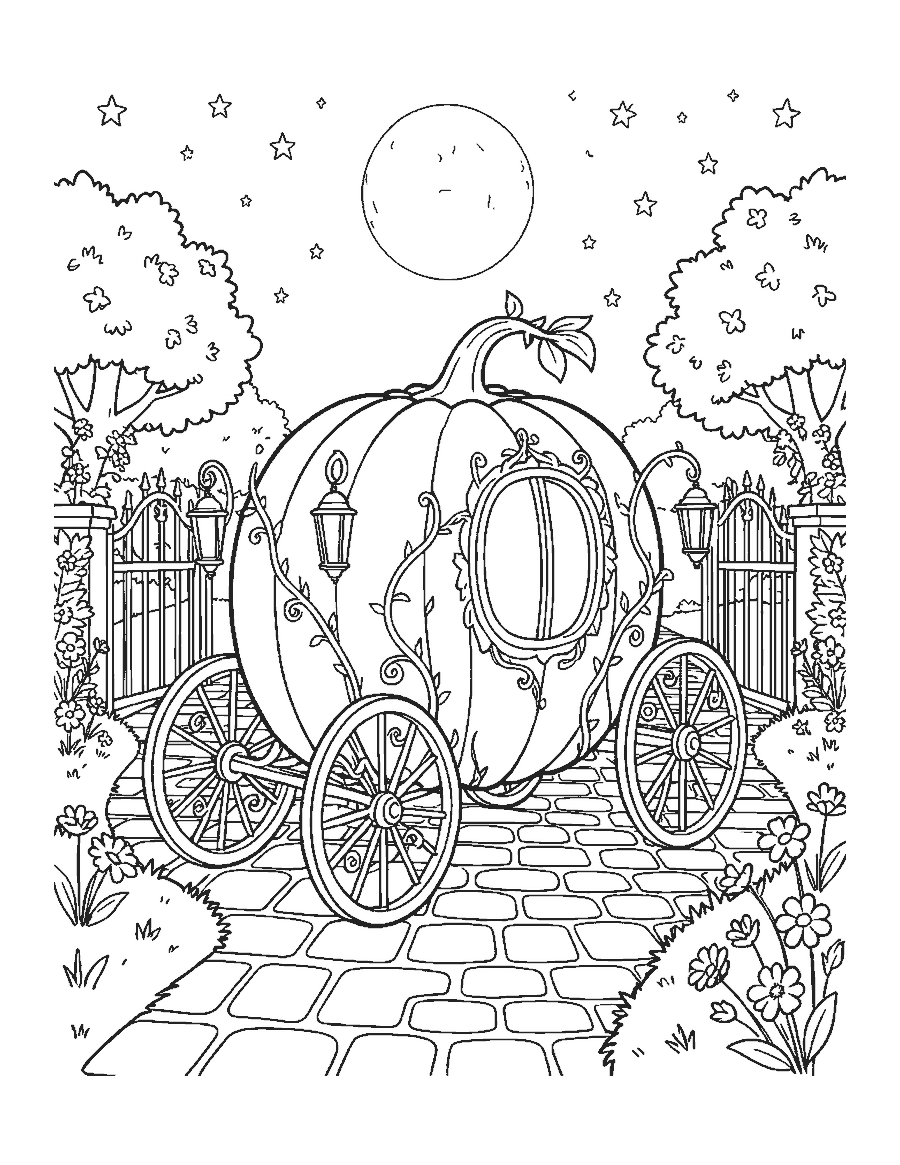Line drawing of a pumpkin carriage with vine wheels on a cobblestone path at night