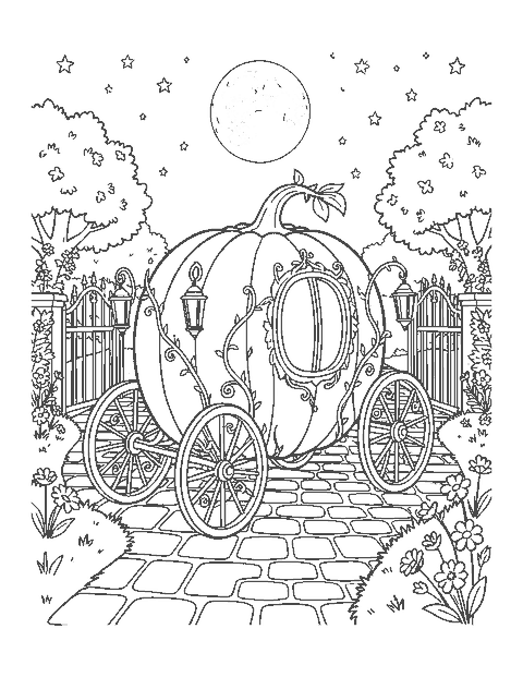 Line drawing of a pumpkin carriage with vine wheels on a cobblestone path at night