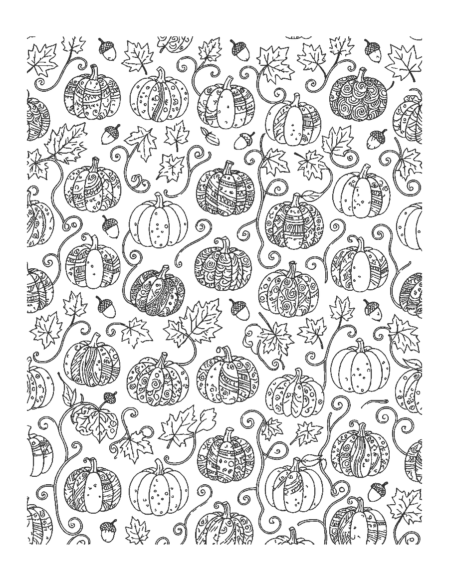 Line drawing of a repeating pattern of doodle-filled pumpkins, vines, maple leaves and acorns