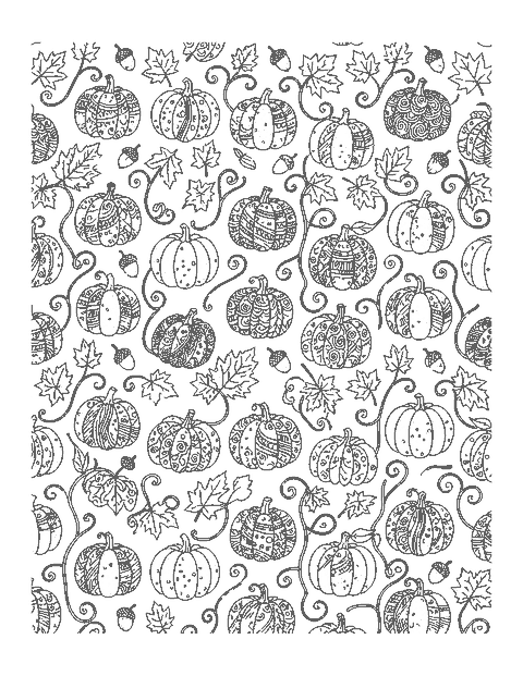 Line drawing of a repeating pattern of doodle-filled pumpkins, vines, maple leaves and acorns
