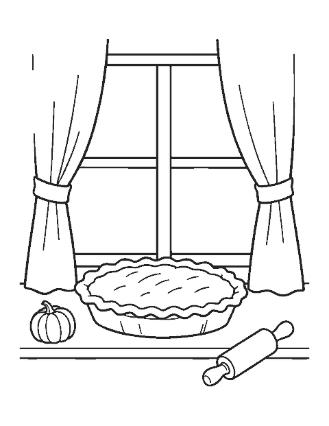 Line drawing of a pumpkin pie on a windowsill with a small pumpkin and curtains