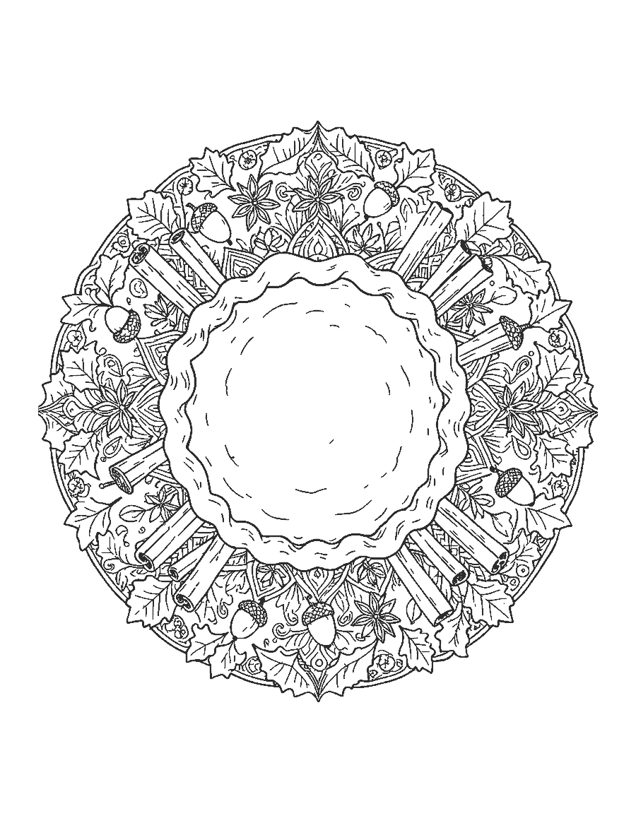 Line drawing of a mandala around a pumpkin pie with rings of cinnamon, star anise, acorns and leaves