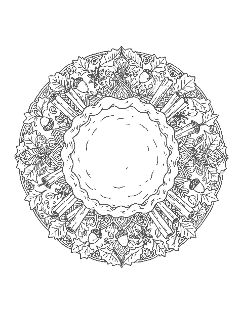 Line drawing of a mandala around a pumpkin pie with rings of cinnamon, star anise, acorns and leaves