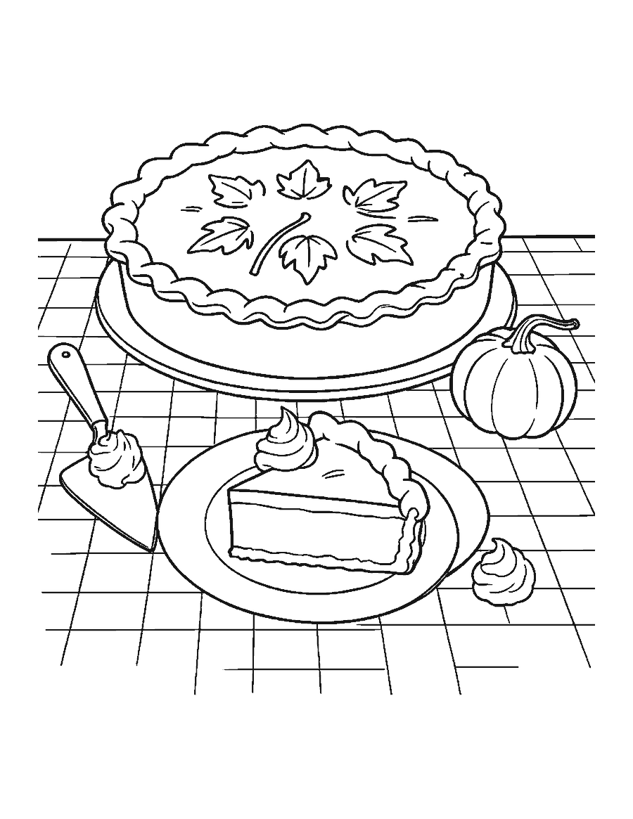 Line drawing of a pumpkin pie with pastry leaves, a slice on a plate and a small gourd