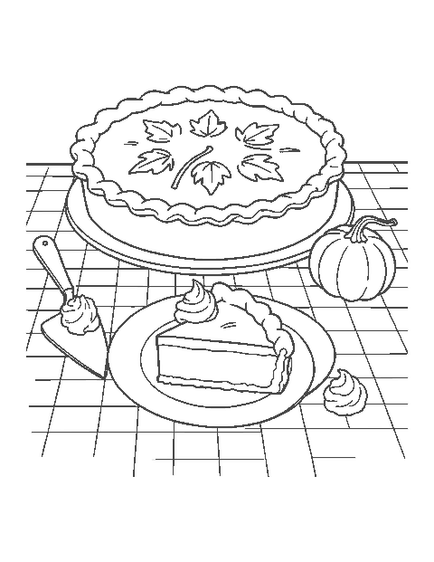 Line drawing of a pumpkin pie with pastry leaves, a slice on a plate and a small gourd