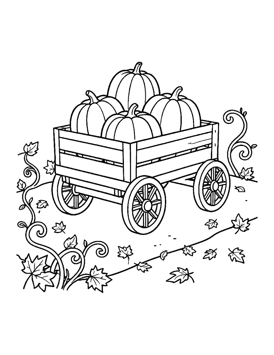 Line drawing of three pumpkins piled in a small wooden wagon on a leafy dirt path