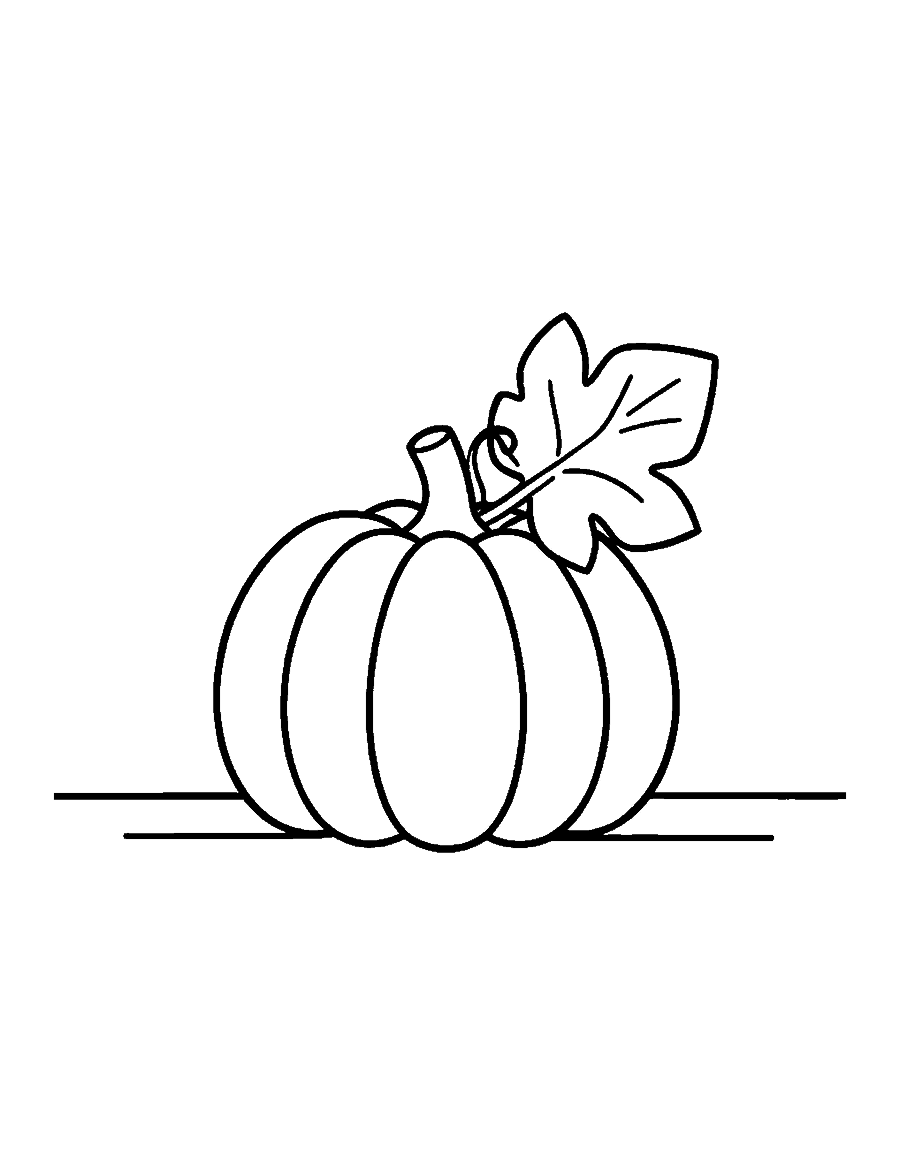 Line drawing of a round pumpkin with a stem, a leaf and a curly vine