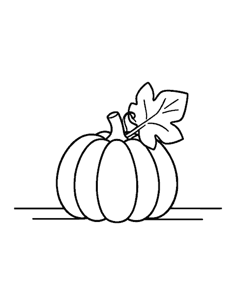 Line drawing of a round pumpkin with a stem, a leaf and a curly vine