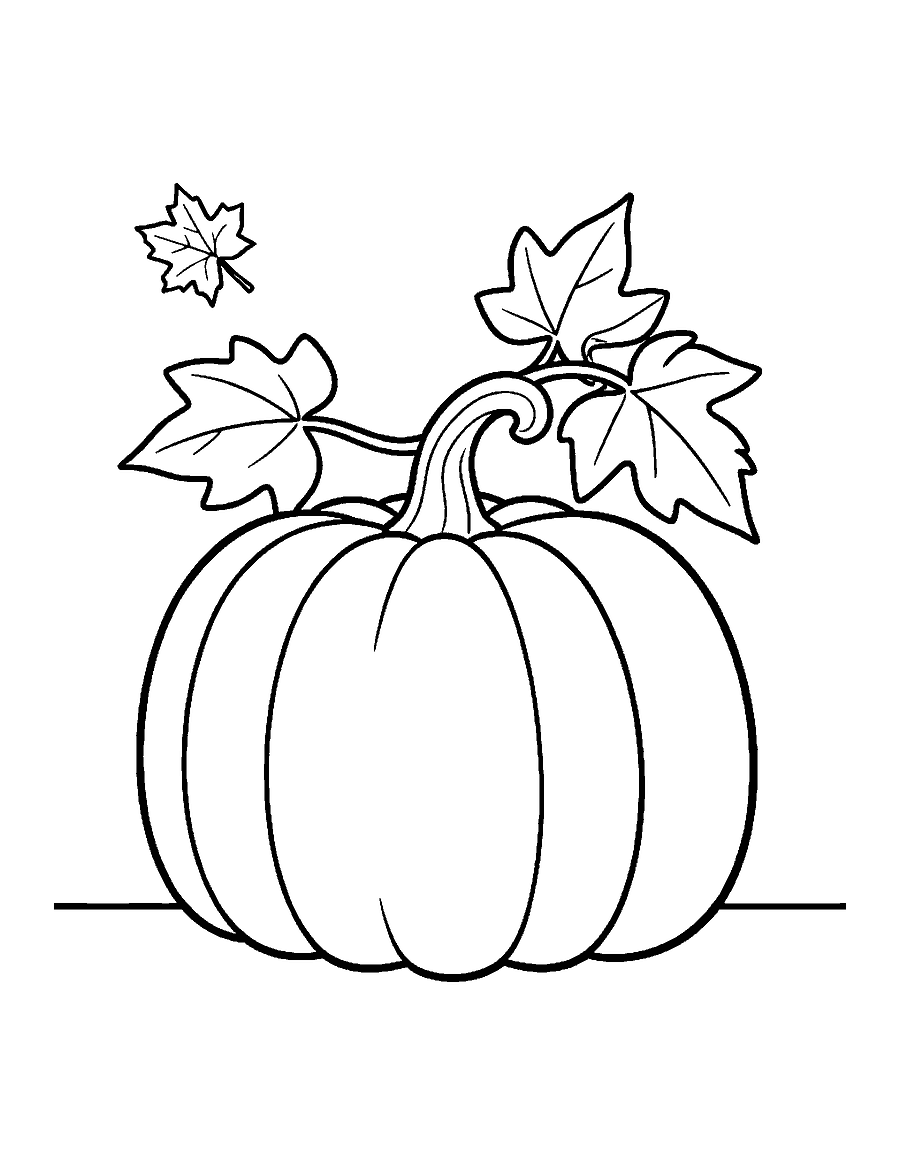 Line drawing of a wide squat pumpkin with a twisted stem, a curling vine and a falling maple leaf
