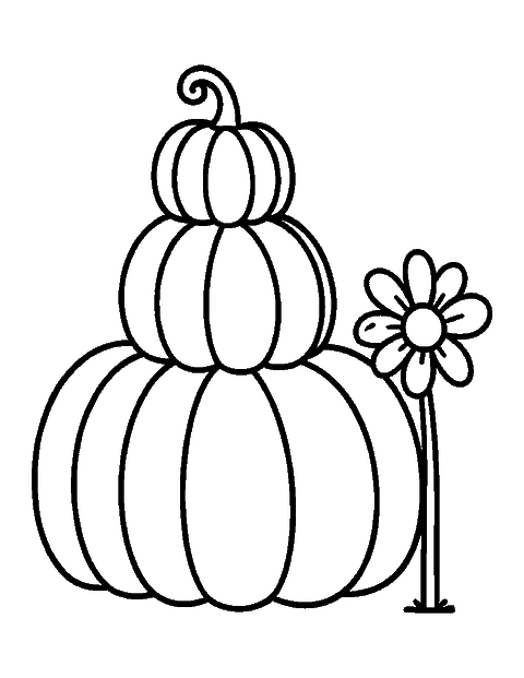 Line drawing of three pumpkins stacked from big to small next to a flower