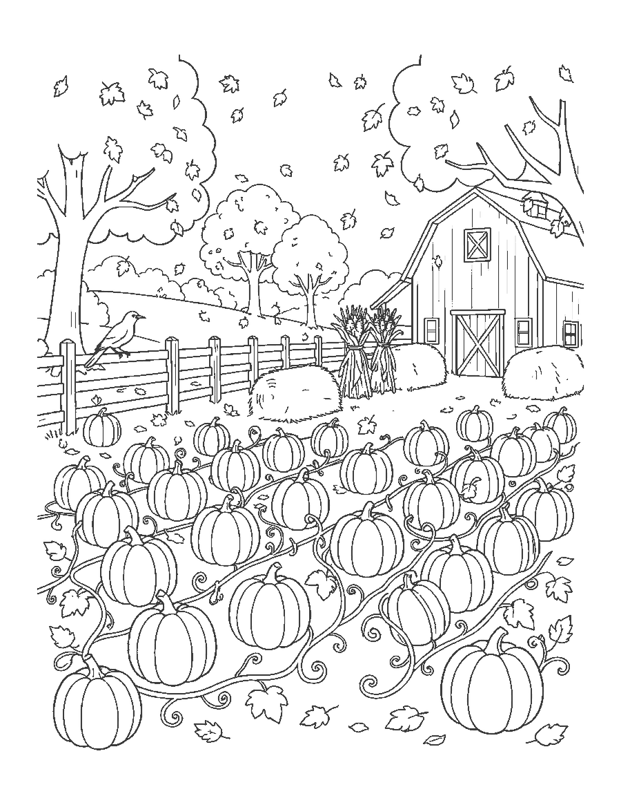 Line drawing of a pumpkin patch with vines, hay bales, corn stalks, a crow on a fence and a barn