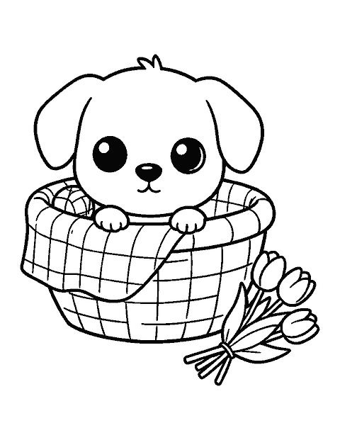 Line drawing of a cute big-eyed puppy in a wicker basket with a ball and tulips